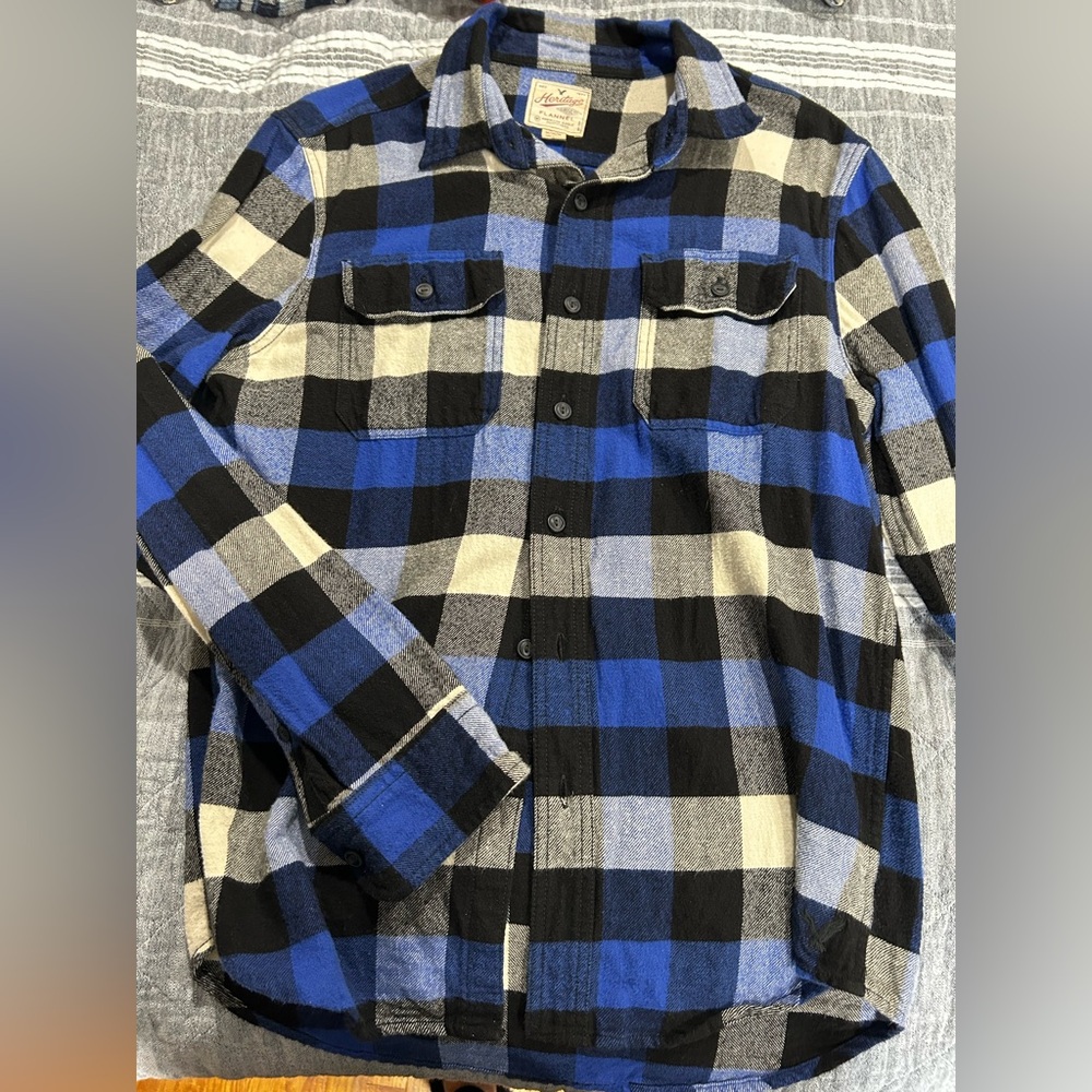 American Eagle Outfitters Blue and Black Casual Button Down Shirt